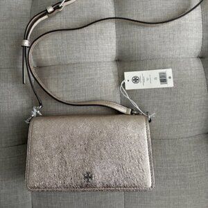 NWT Tory Burch Emerson Metallic Leather Mini Crossbody - White Gold